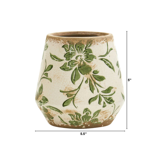 5.5” Tuscan Ceramic Green Scroll Planter - Distressed Farmhouse Planter