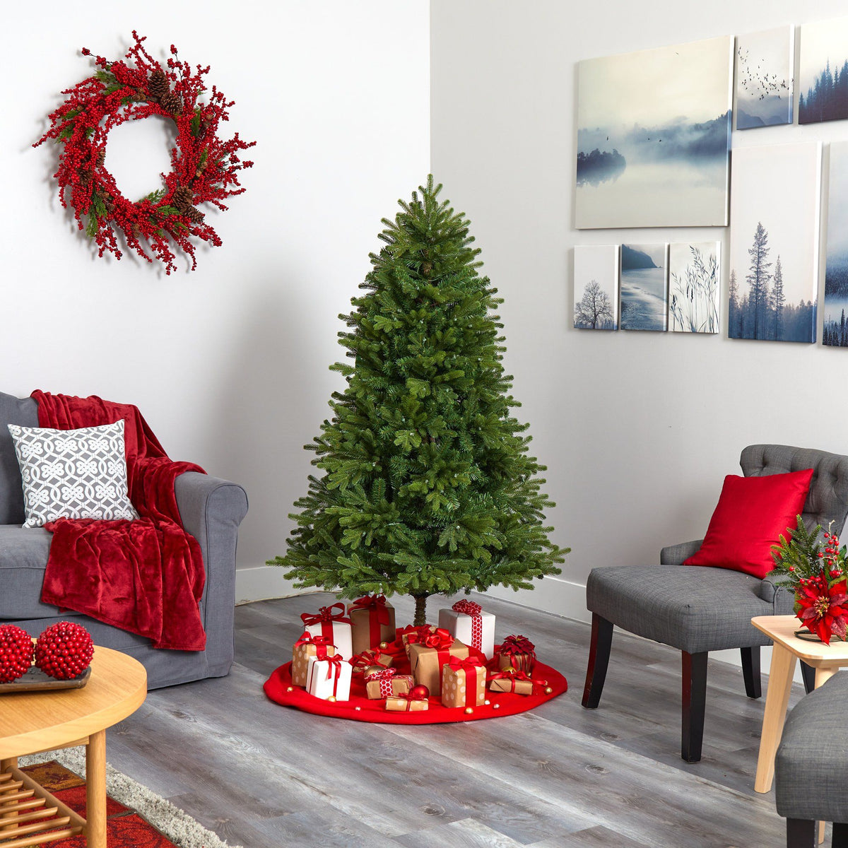 5.5' Washington Fir Artificial Christmas Tree with 300 Clear Lights and 672 Bendable Branches, holiday tree for festive indoor Christmas decorating