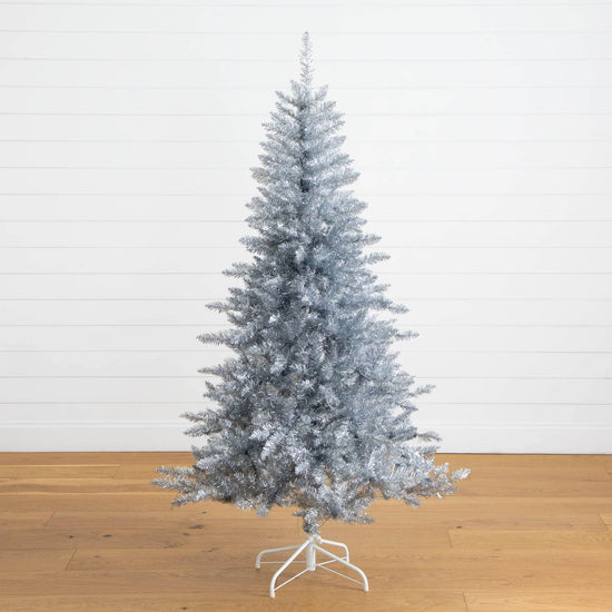 6' Artificial Silver Christmas Tree with 300 Cool White LED Lights, decorative Christmas tree for home and seasonal holiday display