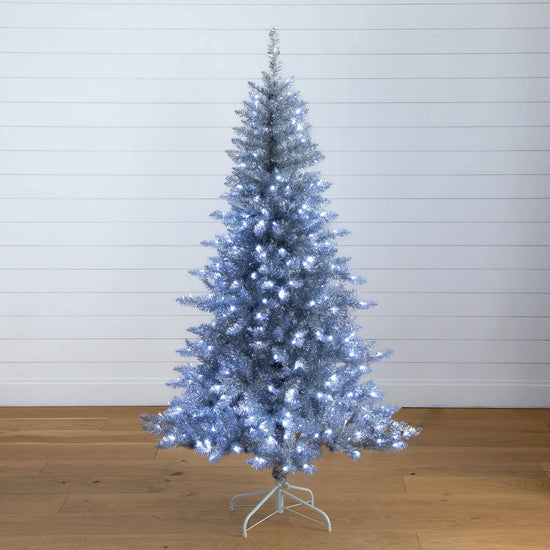 6' Artificial Silver Christmas Tree with 300 Cool White LED Lights, artificial Christmas tree for festive holiday home decor from Cedar & Spice Gifts