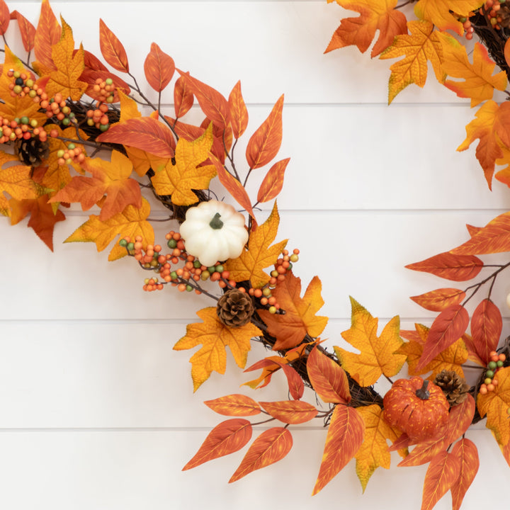6' Assorted Autumn Maple Leaves, Pumpkins, Gourds, Berries and Pinecone Artificial Fall Garland, fall garland accent for fireplace, doorway or seasonal display