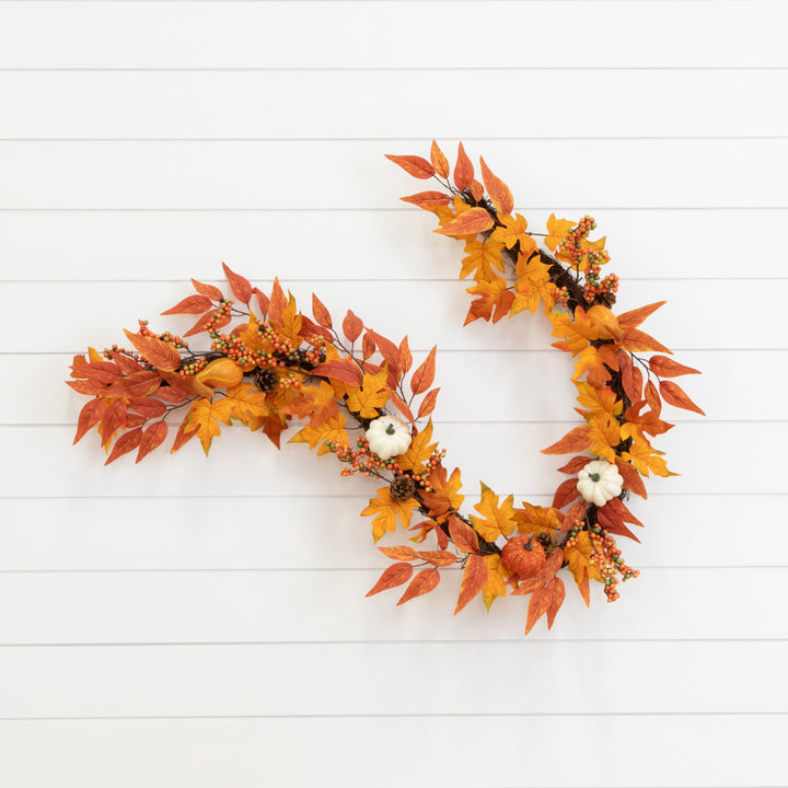 6' Assorted Autumn Maple Leaves, Pumpkins, Gourds, Berries and Pinecone Artificial Fall Garland, autumn home decor for mantel, table or entryway from Cedar &...