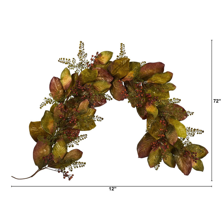 6' Autumn Magnolia Leaf and Berries Artificial Garland, fall garland accent for fireplace, doorway or seasonal display