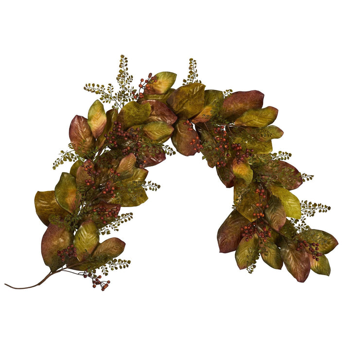 6' Autumn Magnolia Leaf and Berries Artificial Garland, autumn home decor for mantel, table or entryway from Cedar & Spice Gifts