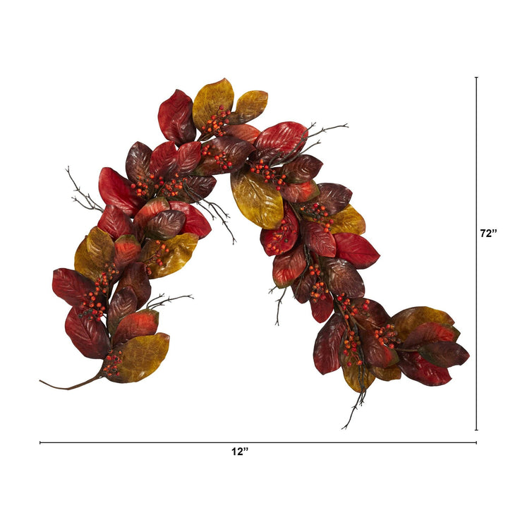 6' Autumn Magnolia Leaf with Berries Artificial Garland, fall garland accent for fireplace, doorway or seasonal display