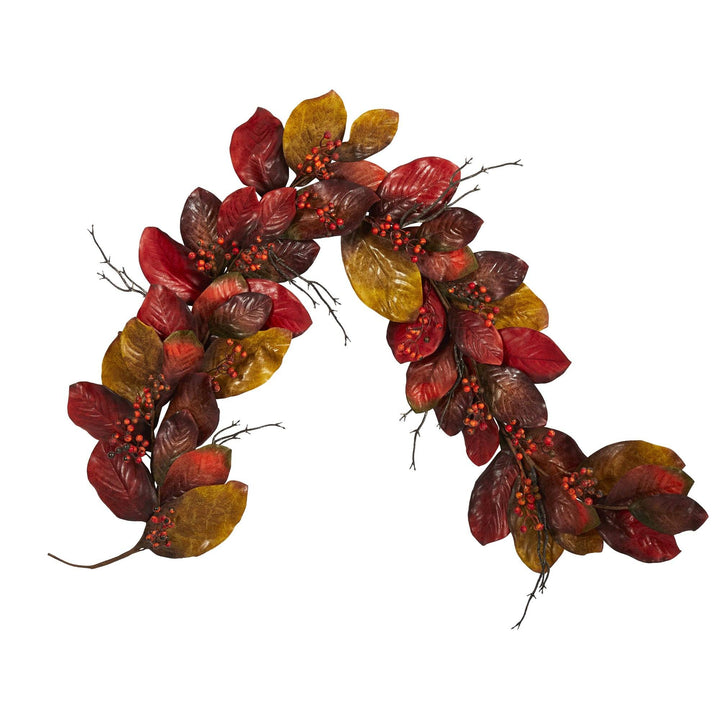 6' Autumn Magnolia Leaf with Berries Artificial Garland, autumn home decor for mantel, table or entryway from Cedar & Spice Gifts