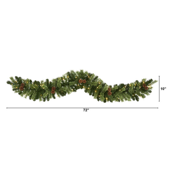 6' Christmas Artificial Garland with 50 Clear LED Lights and Pine Cones, holiday garland accent for fireplace, railing or entryway
