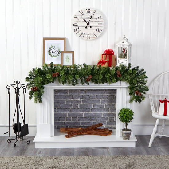 6' Christmas Artificial Garland with 50 Clear LED Lights and Pine Cones, festive holiday decoration for doorway, mantel or railing