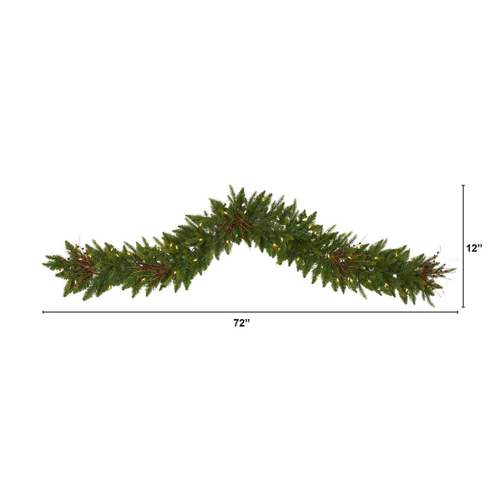 6' Christmas Pine Artificial Garland with 50 Warm White LED Lights and Berries, holiday garland accent for fireplace, railing or entryway