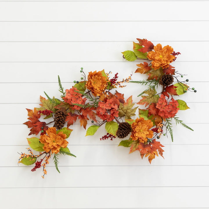 6' Fall Ranunculus, Hydrangea and Berries Autumn Artificial Garland, autumn home decor for mantel, table or entryway from Cedar & Spice Gifts