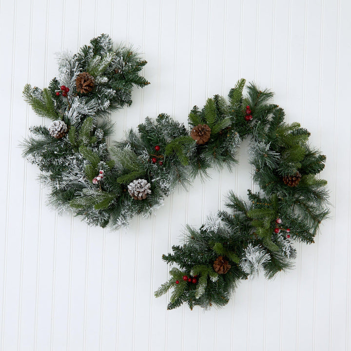 6' Flocked Mixed Pine Christmas garland with 50 LED Lights, Pine Cones and Berries, festive holiday mantel, staircase and doorway decor from Cedar & Spice Gifts