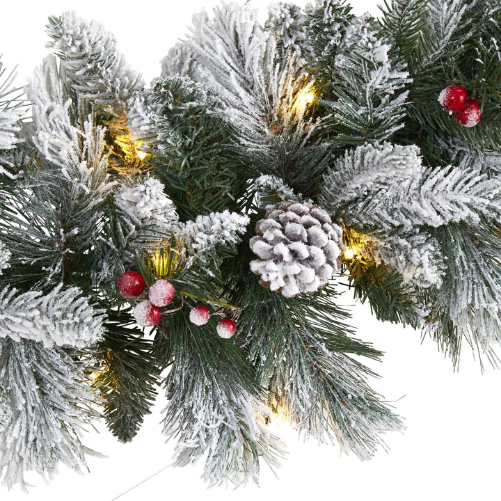 6' Flocked Mixed Pine Artificial Christmas Garland with 50 LED Lights, Pine Cones and Berries, Christmas greenery for mantel, railing or entryway