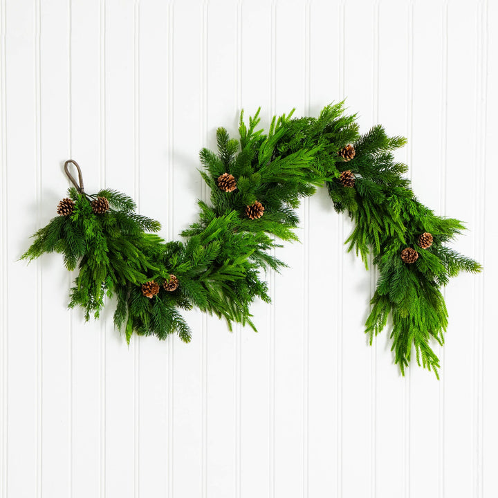 6' Artificial Mixed Pine and Norfolk Garland with Pinecones, realistic greenery decor for mantel, staircase or doorway from Cedar & Spice Gifts