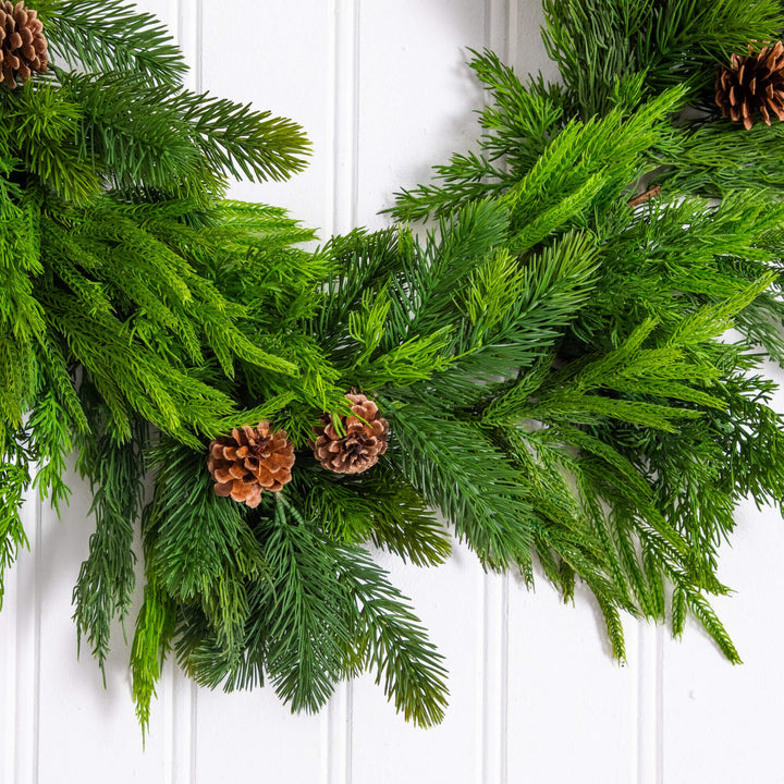 6' Artificial Mixed Pine and Norfolk Garland with Pinecones, evergreen home accent for fireplace, railing or entryway