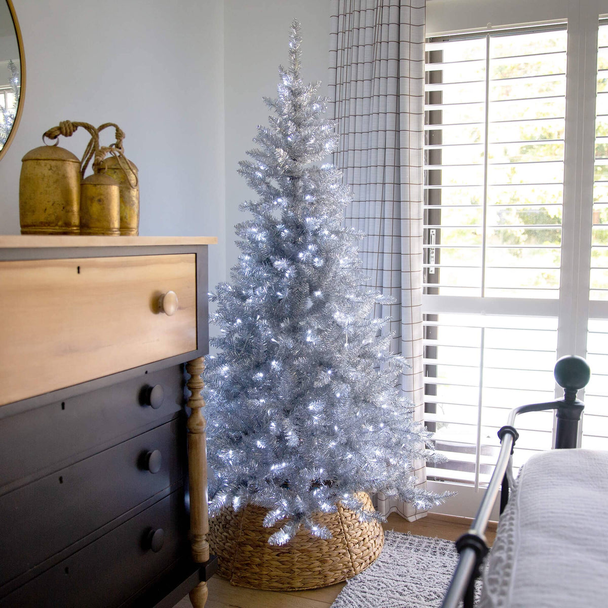 6' Artificial Silver Christmas Tree with 300 Cool White LED Lights, holiday tree for festive indoor Christmas decorating