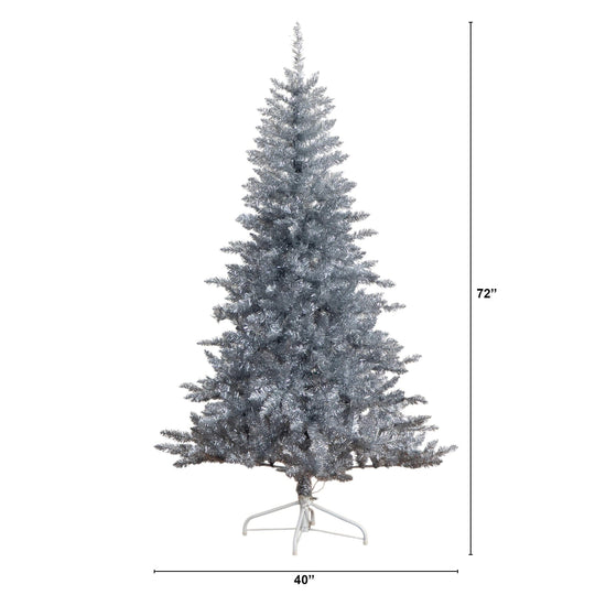 6' Artificial Silver Christmas Tree with 300 Cool White LED Lights, holiday tree for festive indoor Christmas decorating