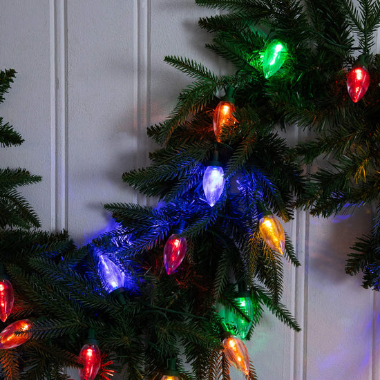 6' Pre-Lit Artificial Luxembourg Pine Christmas Garland with 35 Multicolored Traditional Bulb LED Lights, Christmas greenery for mantel, railing or entryway