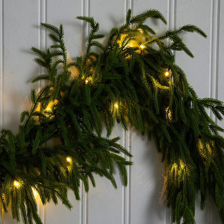 6' Pre-Lit Artificial Real touch Norfolk Island Pine Garland with 35 Warm White LED Lights and Natural Look, evergreen home accent for fireplace, railing or...