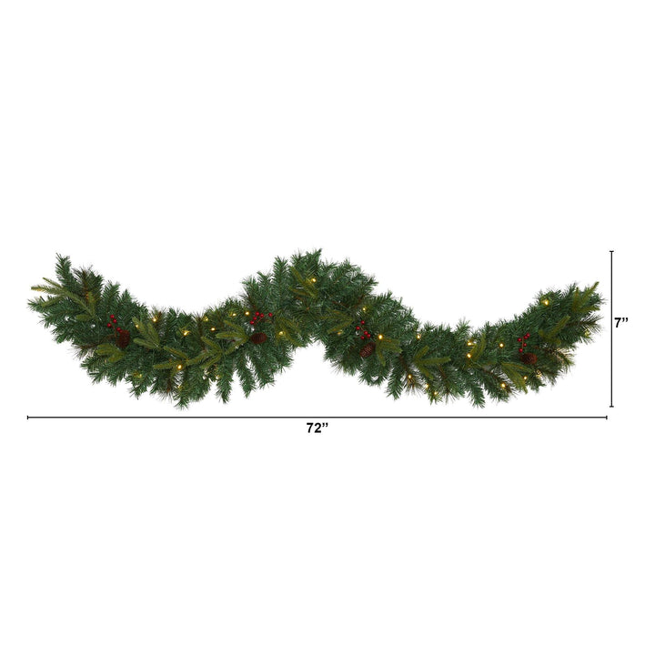 6' Mixed Pine Artificial Christmas Garland with 35 Clear LED Lights, Berries and Pinecones, Christmas greenery for mantel, railing or entryway