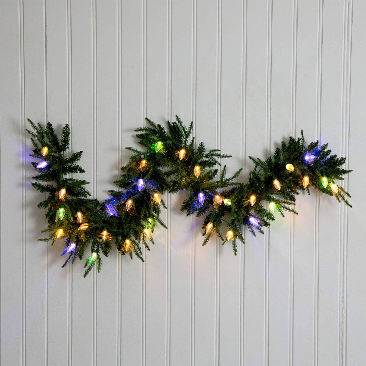 6' Pre-Lit Artificial Luxembourg Pine Christmas Garland with 35 Multicolored Traditional Bulb LED Lights, festive holiday mantel, staircase and doorway decor...