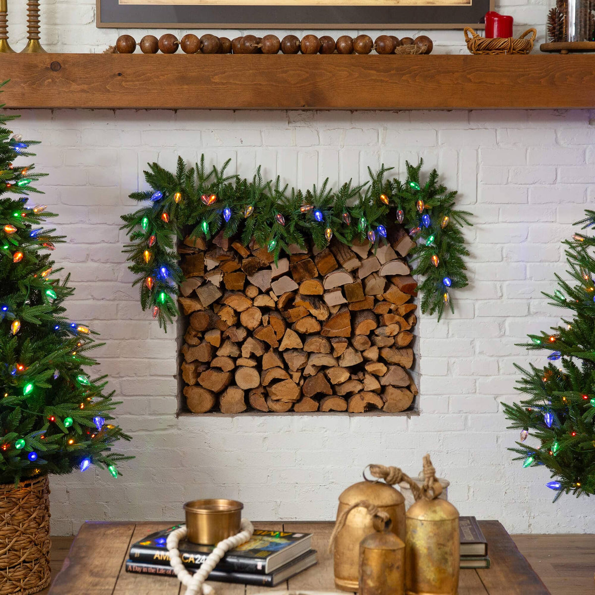 6' Pre-Lit Artificial Luxembourg Pine Christmas Garland with 35 Multicolored Traditional Bulb LED Lights, seasonal holiday garland for home decorating