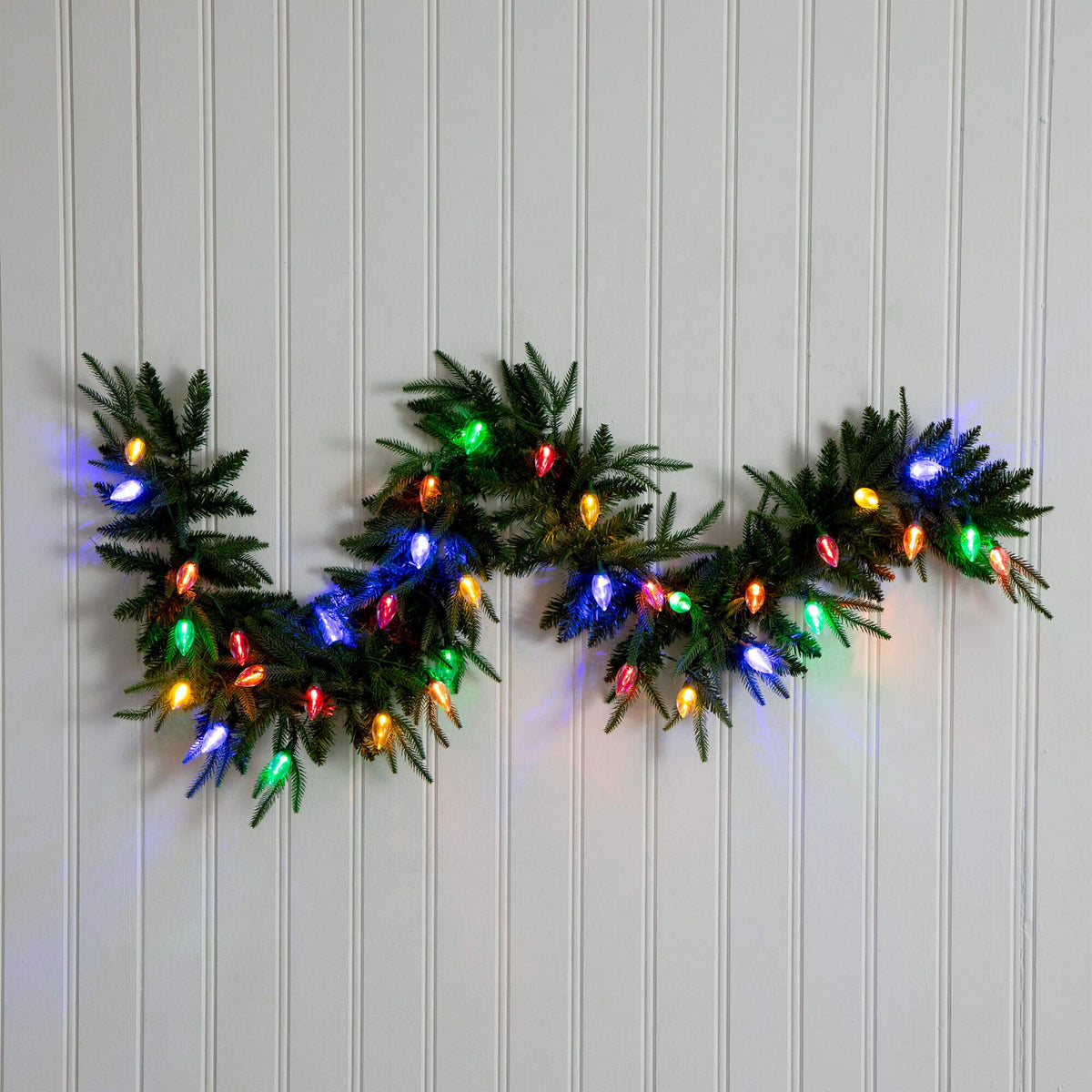 6' Pre-Lit Artificial Luxembourg Pine Christmas Garland with 35 Multicolored Traditional Bulb LED Lights, seasonal holiday garland for home decorating