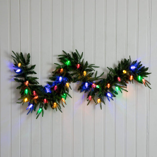 6' Pre-Lit Artificial Luxembourg Pine Christmas Garland with 35 Multicolored Traditional Bulb LED Lights, seasonal holiday garland for home decorating