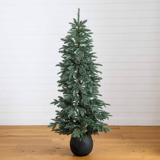 6' Pre-Lit Artificial Pine Christmas Tree in Round Black Decorative Planter with 60 Warm White LED Lights