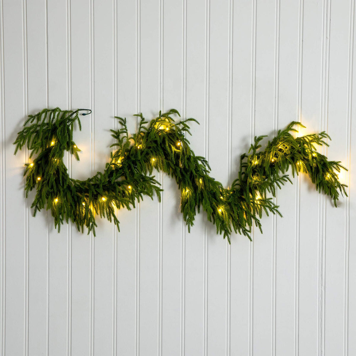 6' Pre-Lit Artificial Real touch Norfolk Island Pine Garland with 35 Warm White LED Lights and Natural Look