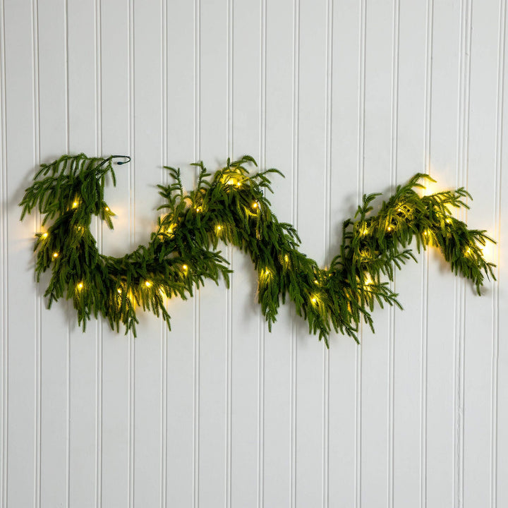 6' Pre-Lit Artificial Real touch Norfolk Island Pine Garland with 35 Warm White LED Lights and Natural Look, realistic greenery decor for mantel, staircase o...