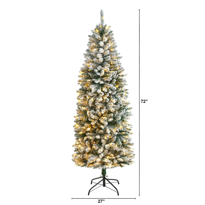 6' Slim Flocked Montreal Fir Artificial Christmas Tree with 250 White LED Lights and 743 Branches, Christmas tree for living room, entryway or seasonal display