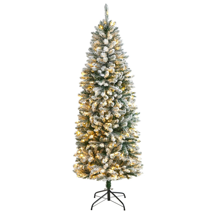 6' Slim Flocked Montreal Fir Artificial Christmas Tree with 250 White LED Lights and 743 Branches, artificial Christmas tree for festive holiday home decor f...