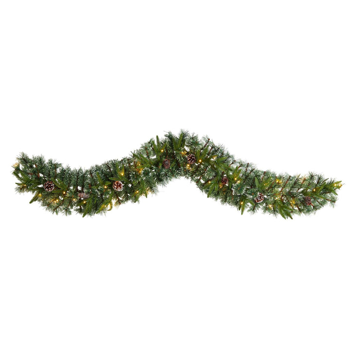 6' Snow Tipped Christmas Artificial Garland with 35 Clear LED Lights and Pine Cones, festive Christmas decor for mantel, staircase or doorway from Cedar & Sp...