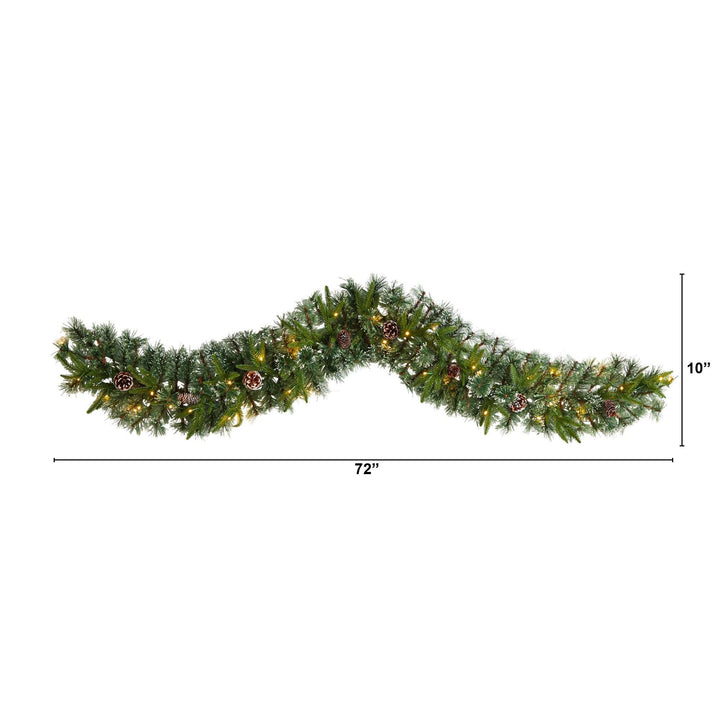 6' Snow Tipped Christmas Artificial Garland with 35 Clear LED Lights and Pine Cones, holiday garland accent for fireplace, railing or entryway