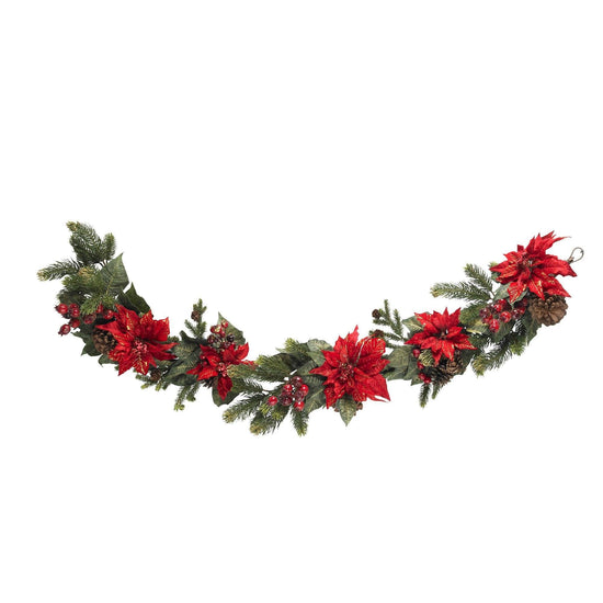 60" Poinsettia & Berry Garland, holiday garland accent for fireplace, railing or entryway