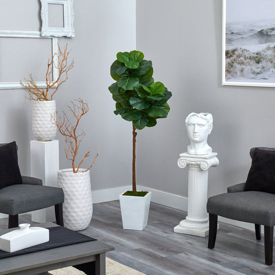 62” Fiddle Leaf Artificial Tree in White Metal Planter