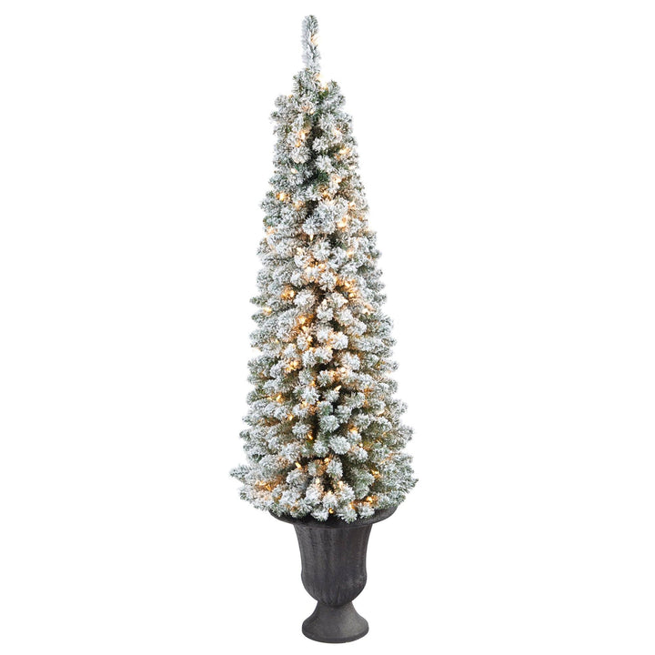 62" Flocked Pencil Artificial Christmas Tree with 200 Clear Lights and 318 Bendable Branches in Charcoal Urn, artificial Christmas tree for festive holiday h...