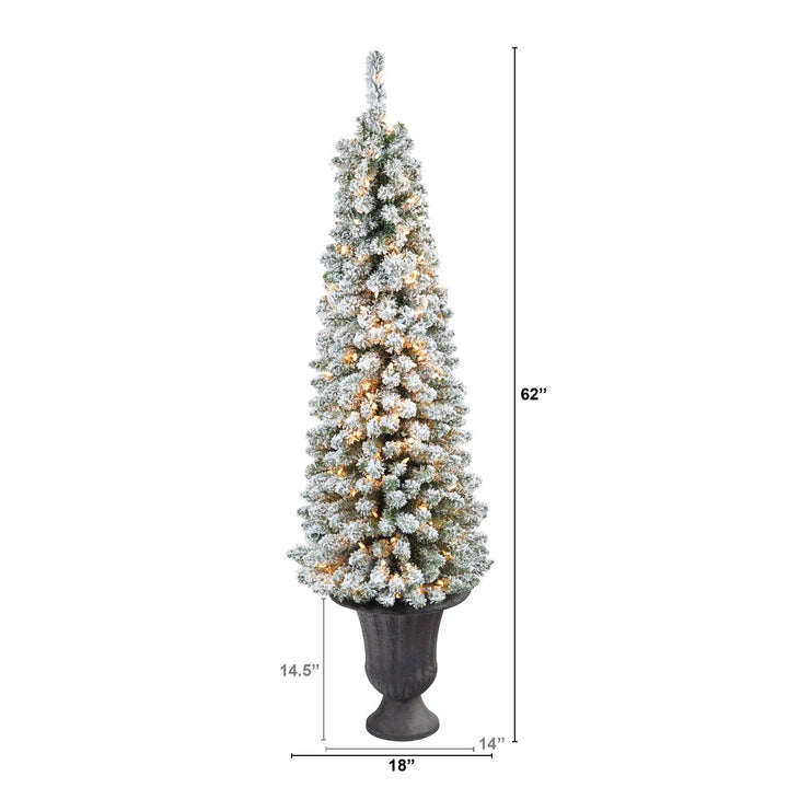 62" Flocked Pencil Artificial Christmas Tree with 200 Clear Lights and 318 Bendable Branches in Charcoal Urn, Christmas tree for living room, entryway or sea...