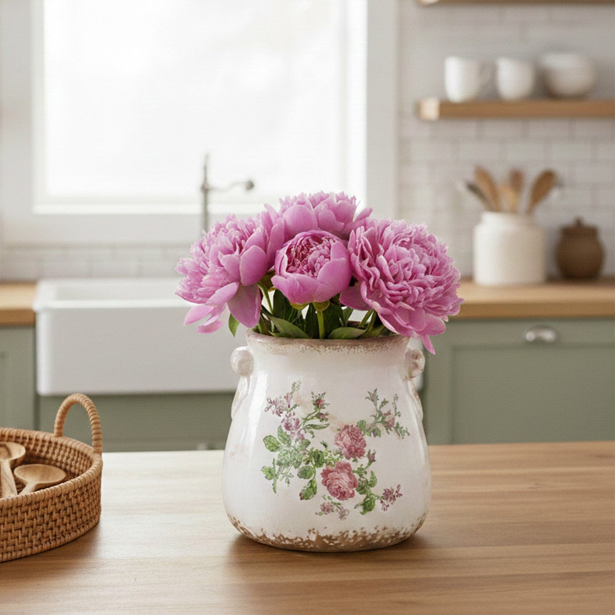 6.5” Floral Print Tuscan Ceramic Scroll Planter - Farmhouse Planters for Indoor Plants