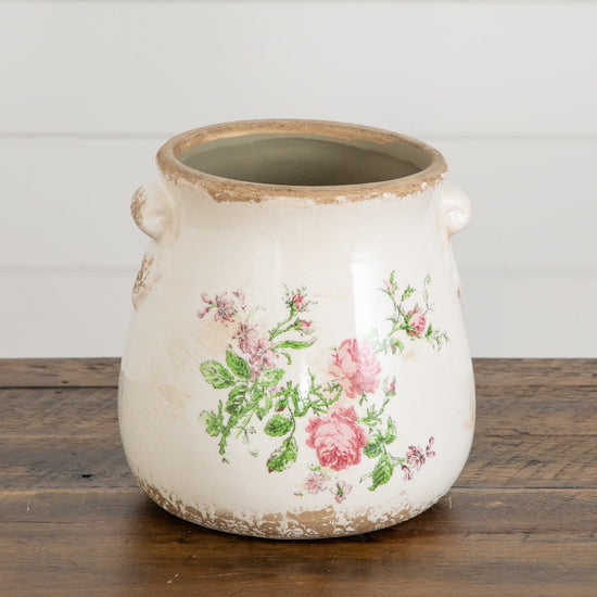 6.5” Floral Print Tuscan Ceramic Scroll Planter - Farmhouse Planters for Indoor Plants