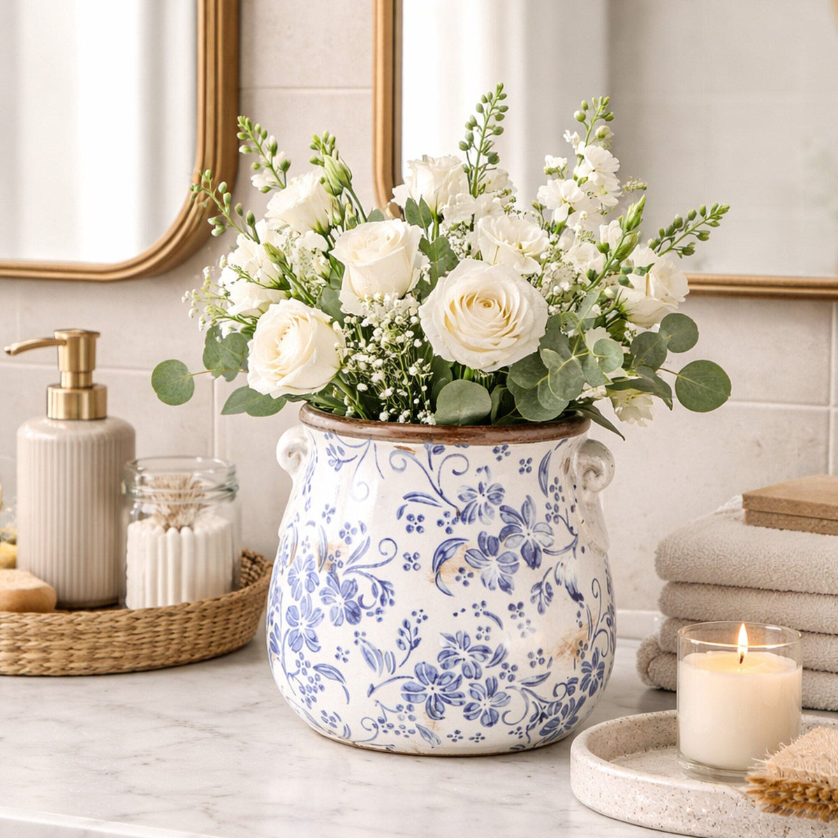 6.5 ” Floral Tuscan Ceramic Blue Scroll Planter - Weathered Finish Planter