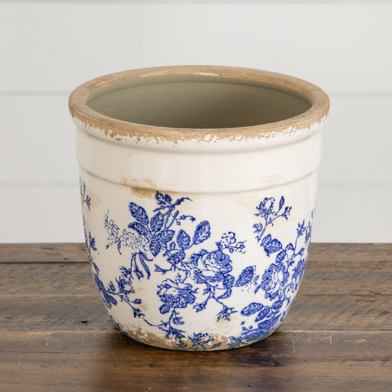 6.5” Floral Tuscan Ceramic Blue Scroll Planter - Earthy Ceramic Vase