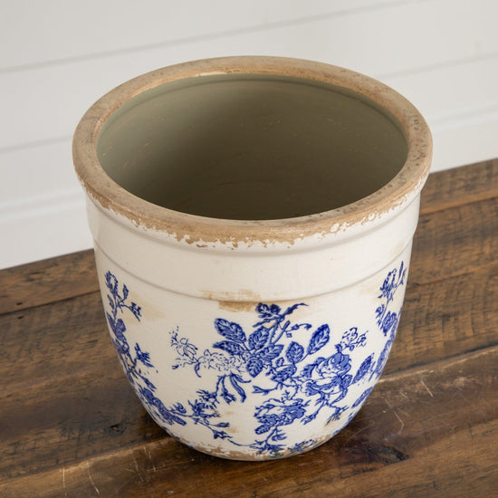 6.5” Floral Tuscan Ceramic Blue Scroll Planter - Earthy Ceramic Vase