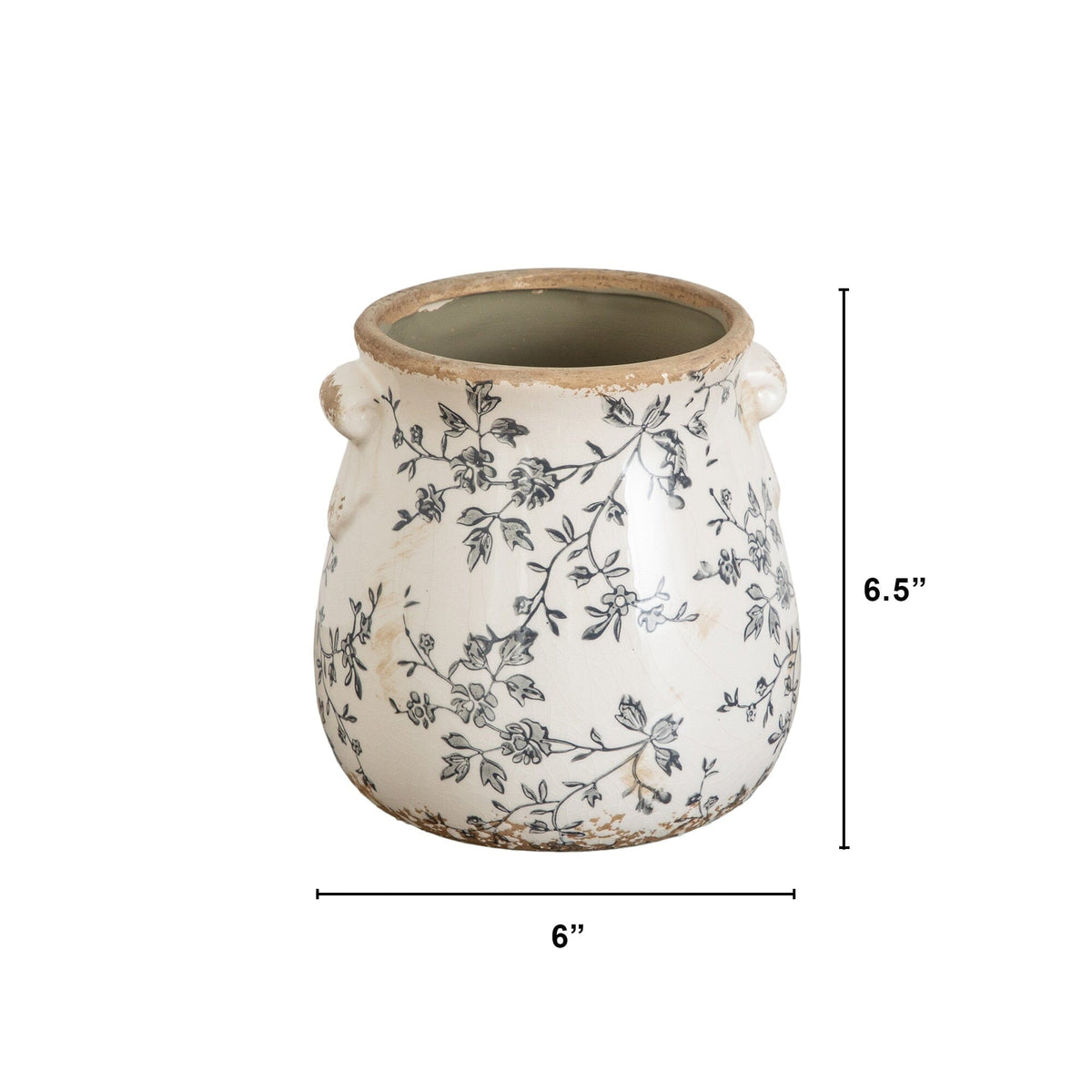 6.5” Floral Tuscan Ceramic Gray Scroll Planter - Decorative Planter for Indoor Plants & Faux Greenery