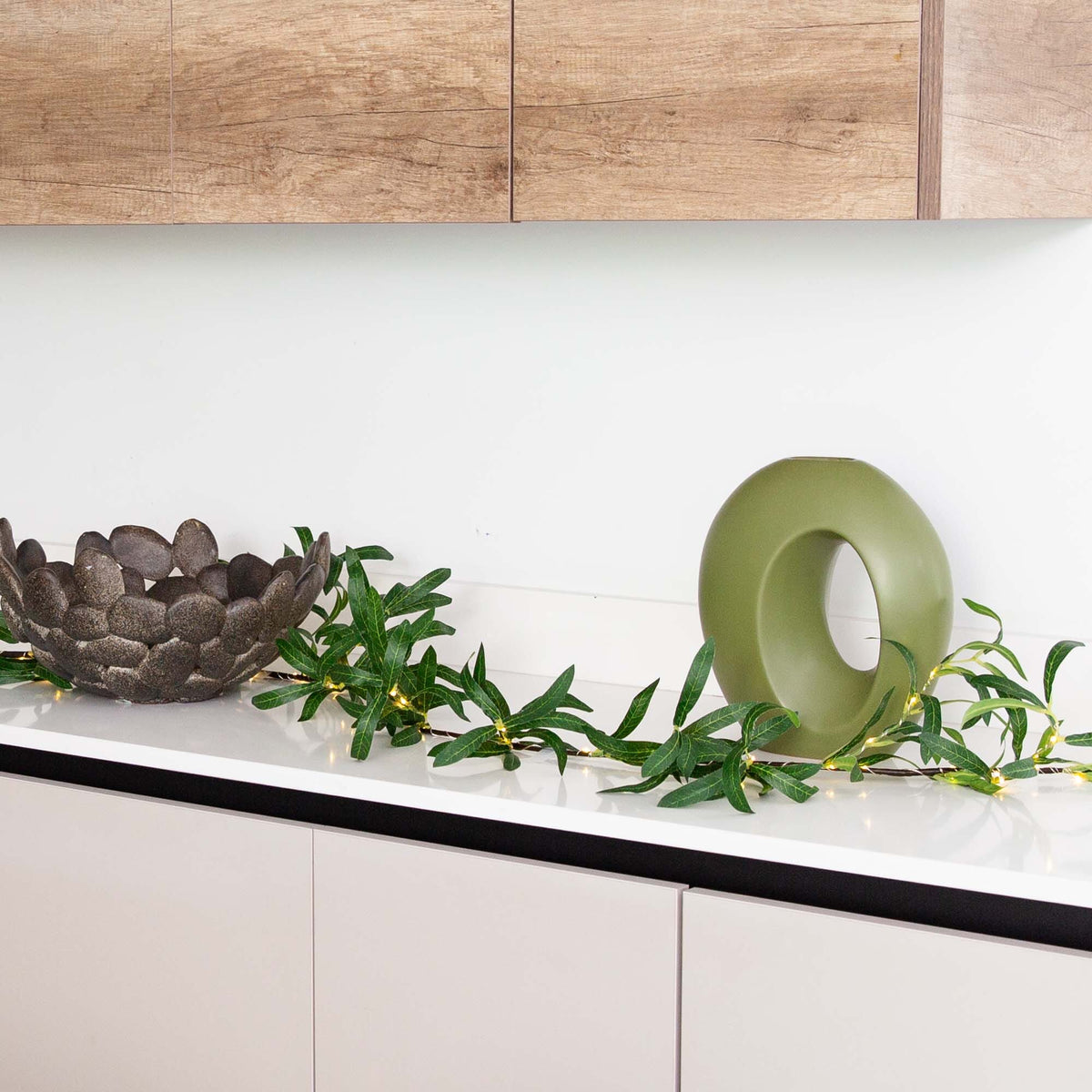 6.5' Lighted Artificial Olive Garland with 100 Warm White LED Lights, artificial greenery for shelf, mantel or entryway styling