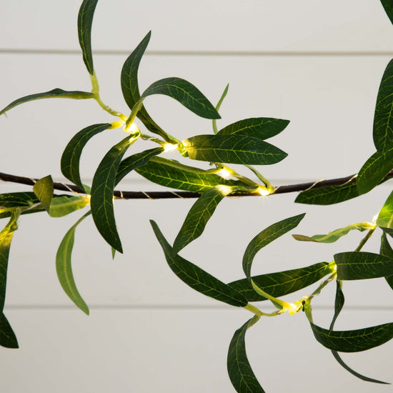 6.5' Lighted Artificial Olive Garland with 100 Warm White LED Lights, decorative foliage accent for home, wedding or event decor