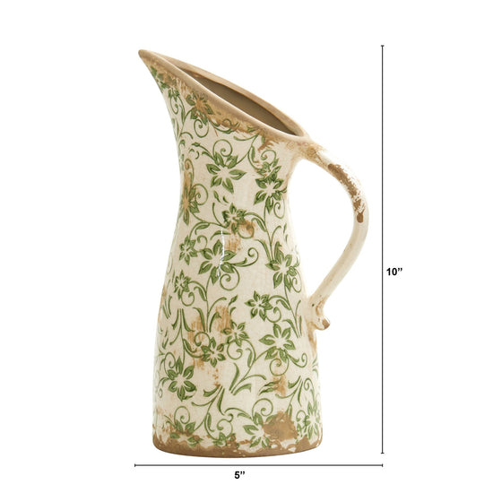 10” Tuscan Ceramic Green Scroll Pitcher Vase - Farmhouse Vase for Mantel