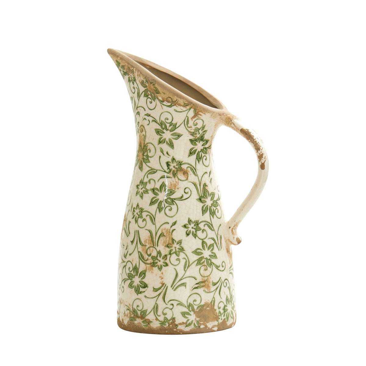 10” Tuscan Ceramic Green Scroll Pitcher Vase - Farmhouse Vase for Mantel
