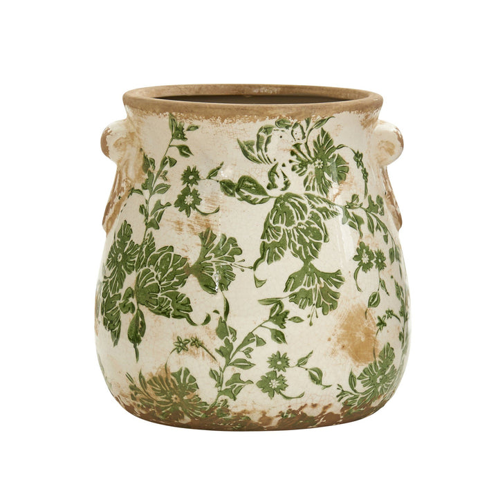 6.5” Tuscan Ceramic Green Scroll Planter - Distressed Farmhouse Planter