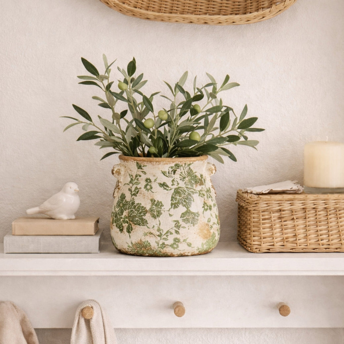 6.5” Tuscan Ceramic Green Scroll Planter - Distressed Farmhouse Planter